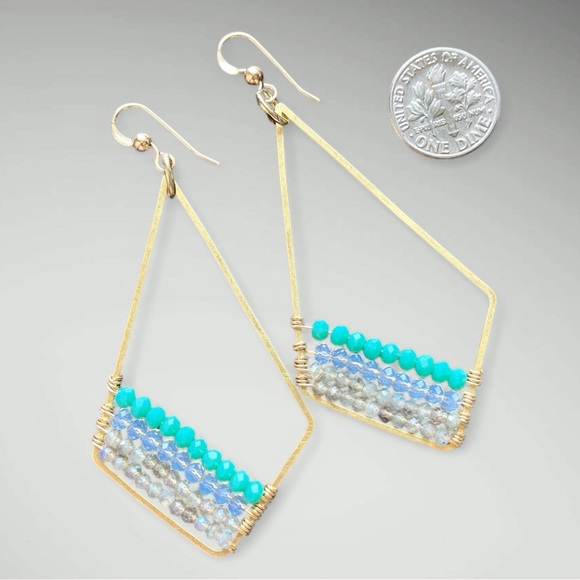 Genuine Labradorite Boho 14 GF Geometric Gemstone Earrings - Picture 3 of 4